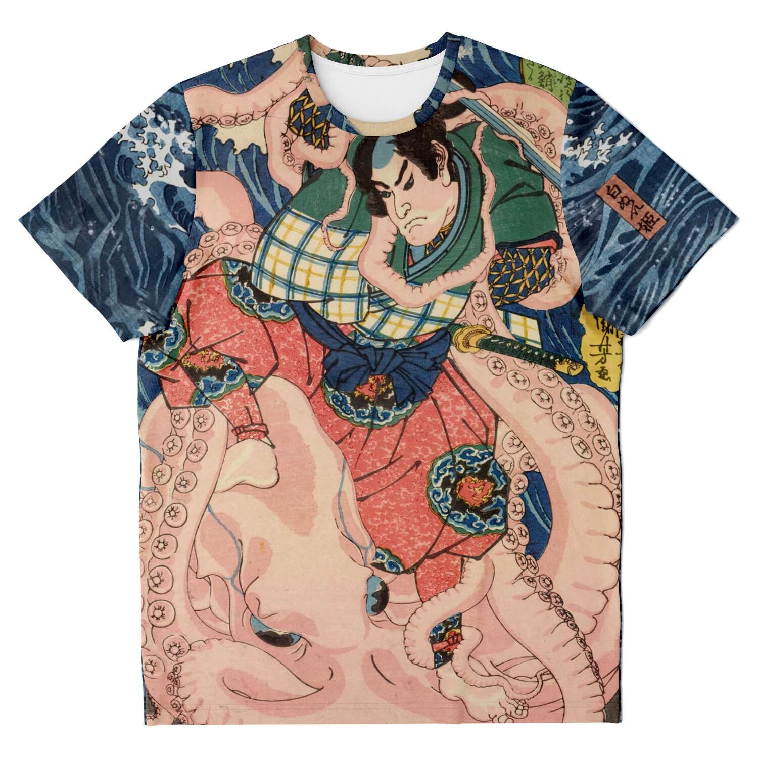 T-shirt Ario-Maru Fighting a Giant Octopus with a Sword on the Seashore | Utagawa Kuniyoshi Japanese Vintage Woodblock Ukiyo-e Samurai T-Shirt Tee