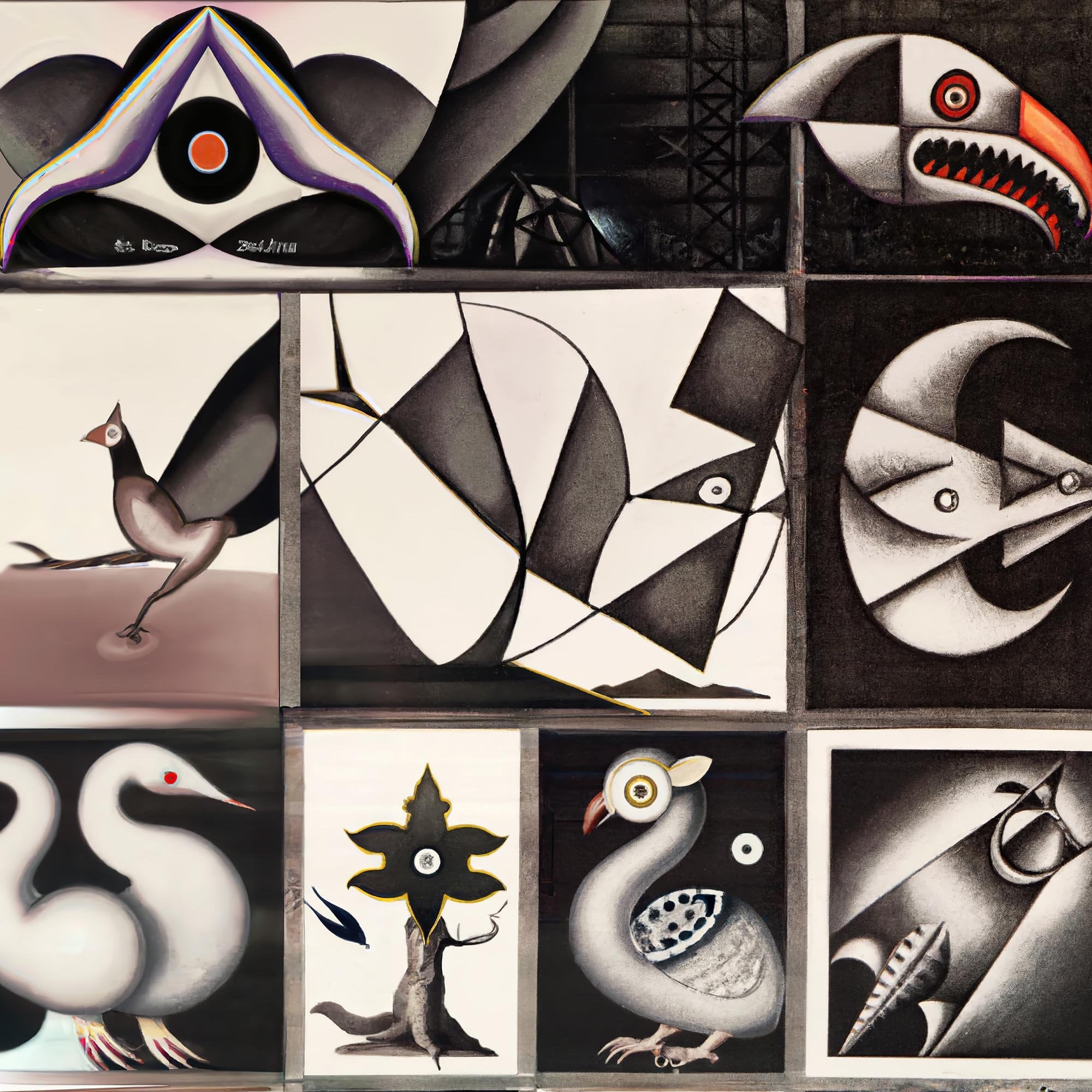 Aviary: Original Surrealist Art | Crow, Raven, Owl, Weird, Strange, Digital Art | Bird Lover Watching, Cubist Framed Giclee Fine Art Print