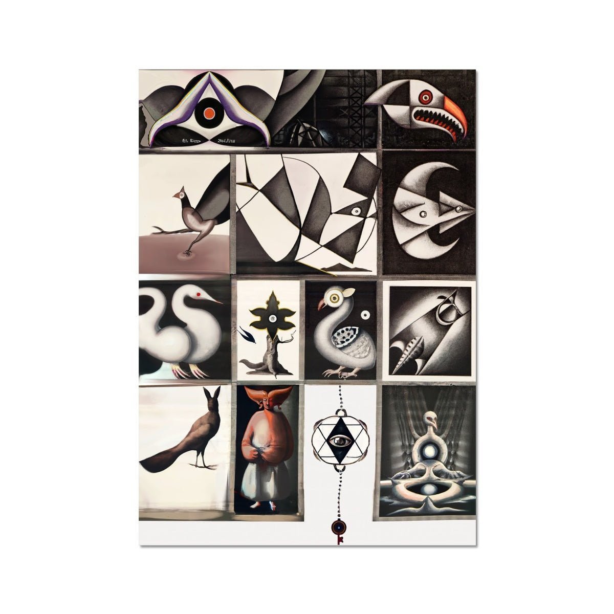 Aviary: Original Surrealist Art | Crow, Raven, Owl, Weird, Strange, Digital Art | Bird Lover Watching, Cubist Framed Giclee Fine Art Print