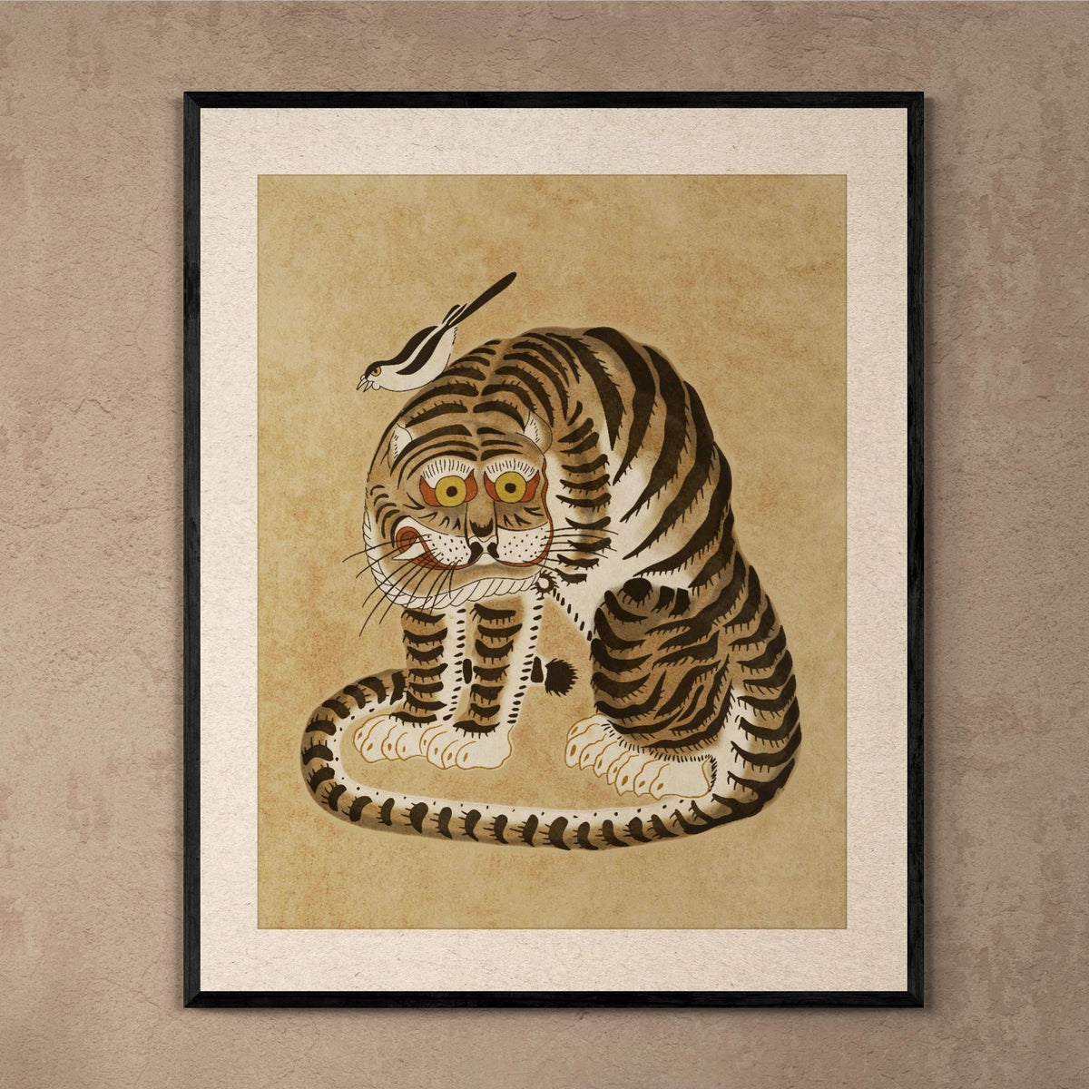 Awkward Korean Minhwa Tiger and Magpie | Kawai Cute Asian Folk Art Mythology | Vintage Fine Art Framed Print