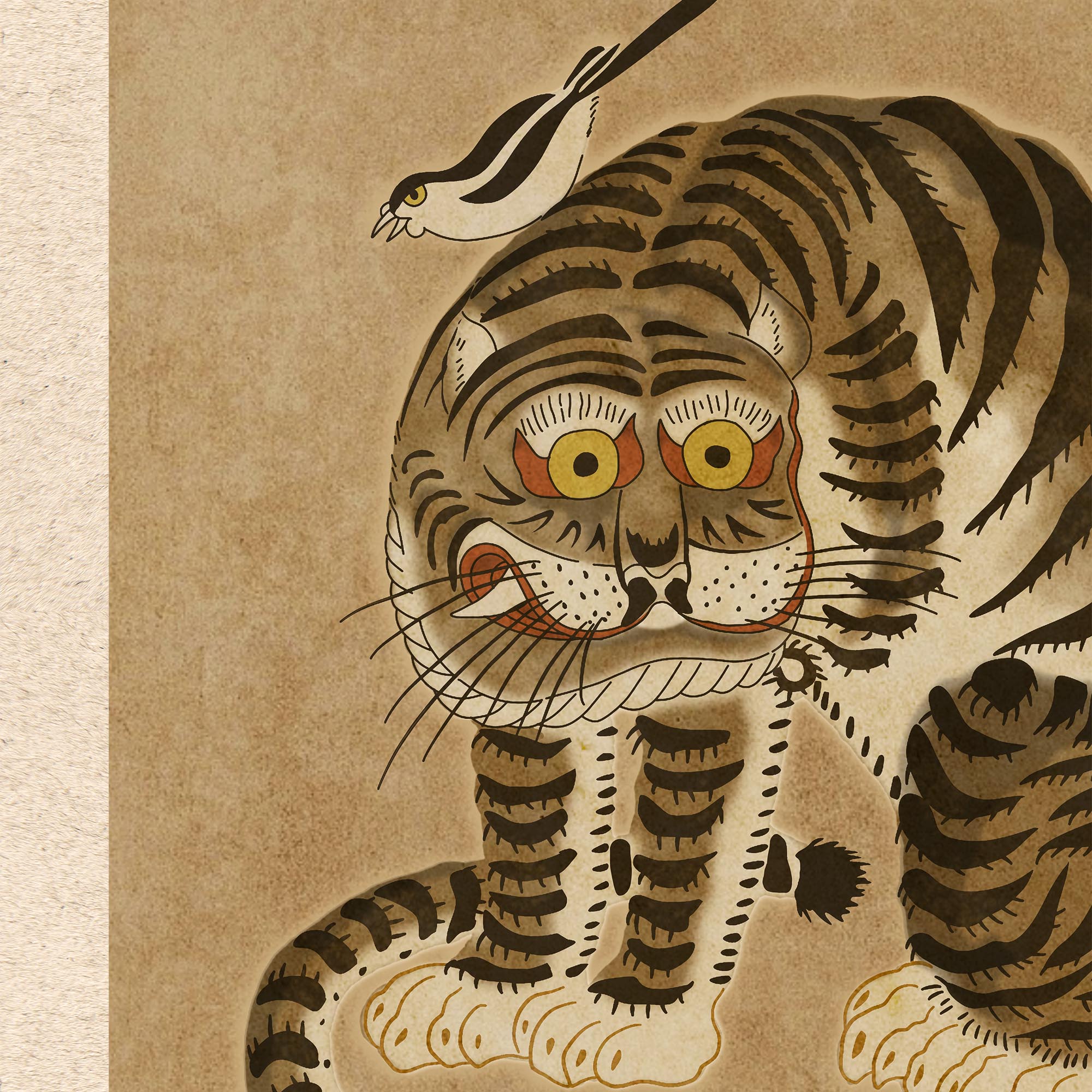 Fine art Awkward Korean Minhwa Tiger and Magpie | Kawai Cute Asian Folk Art Mythology | Vintage Fine Art Framed Print