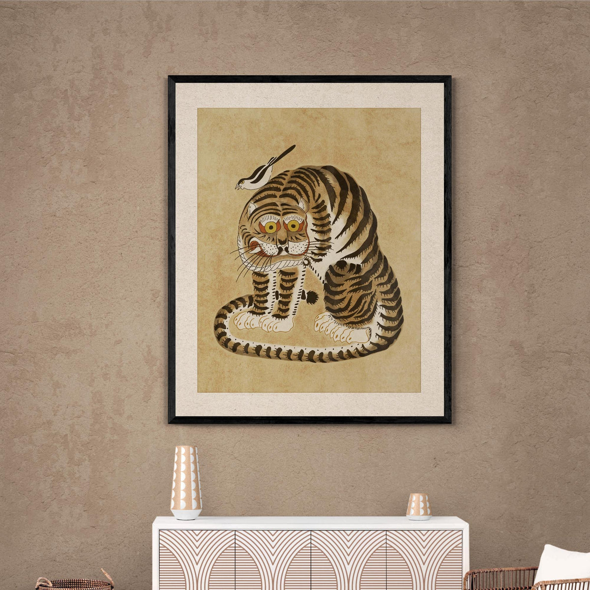 Awkward Korean Minhwa Tiger and Magpie | Kawai Cute Asian Folk Art Mythology | Vintage Fine Art Framed Print