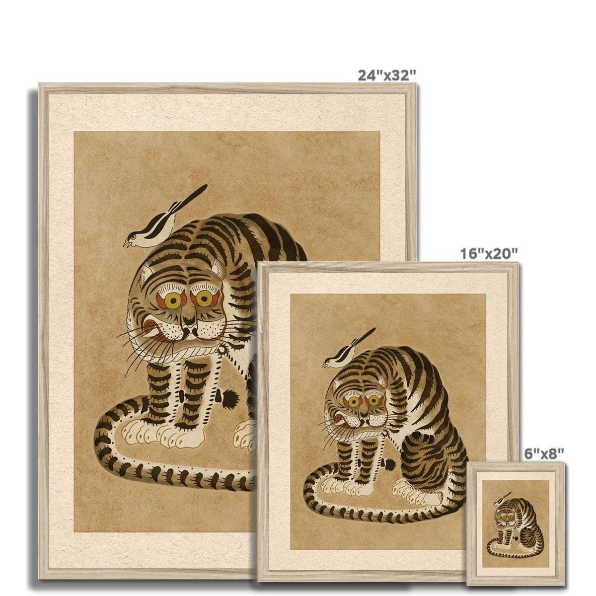 Awkward Korean Minhwa Tiger and Magpie | Kawai Cute Asian Folk Art Mythology | Vintage Fine Art Framed Print