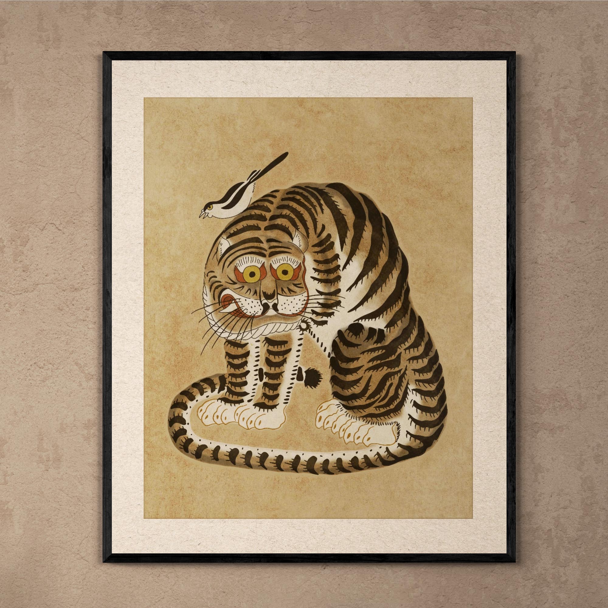 Fine art 6"x8" / Black Frame Awkward Korean Minhwa Tiger and Magpie | Kawai Cute Asian Folk Art Mythology | Vintage Fine Art Framed Print