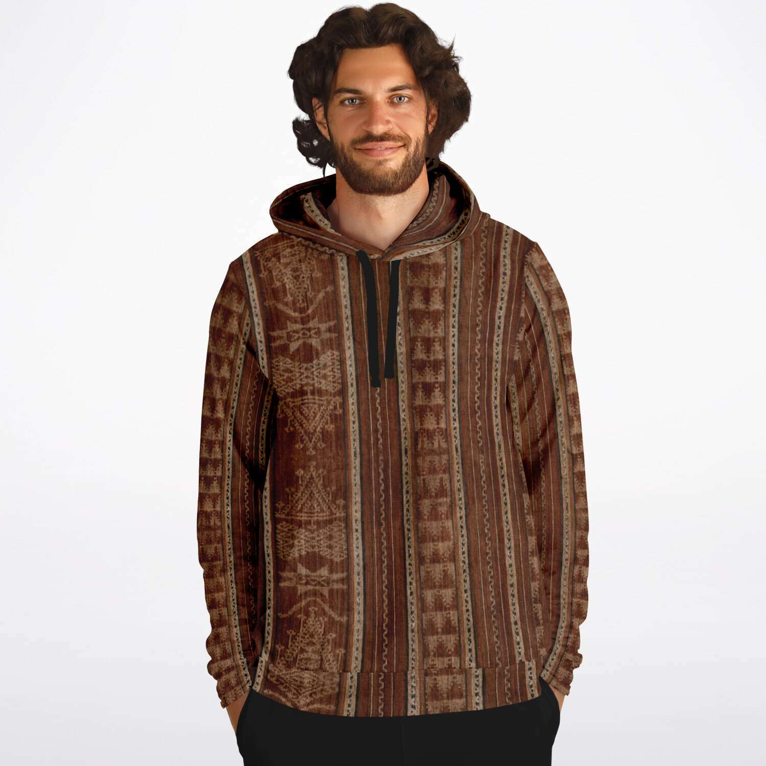 Fashion Hoodie - AOP Bali Ikat Bronze Hippy Hoodie | Boho Batik SE Asian Unisex Jacket | Indonesian Hooded Sweatshirt | Tribal Pullover Hoodie