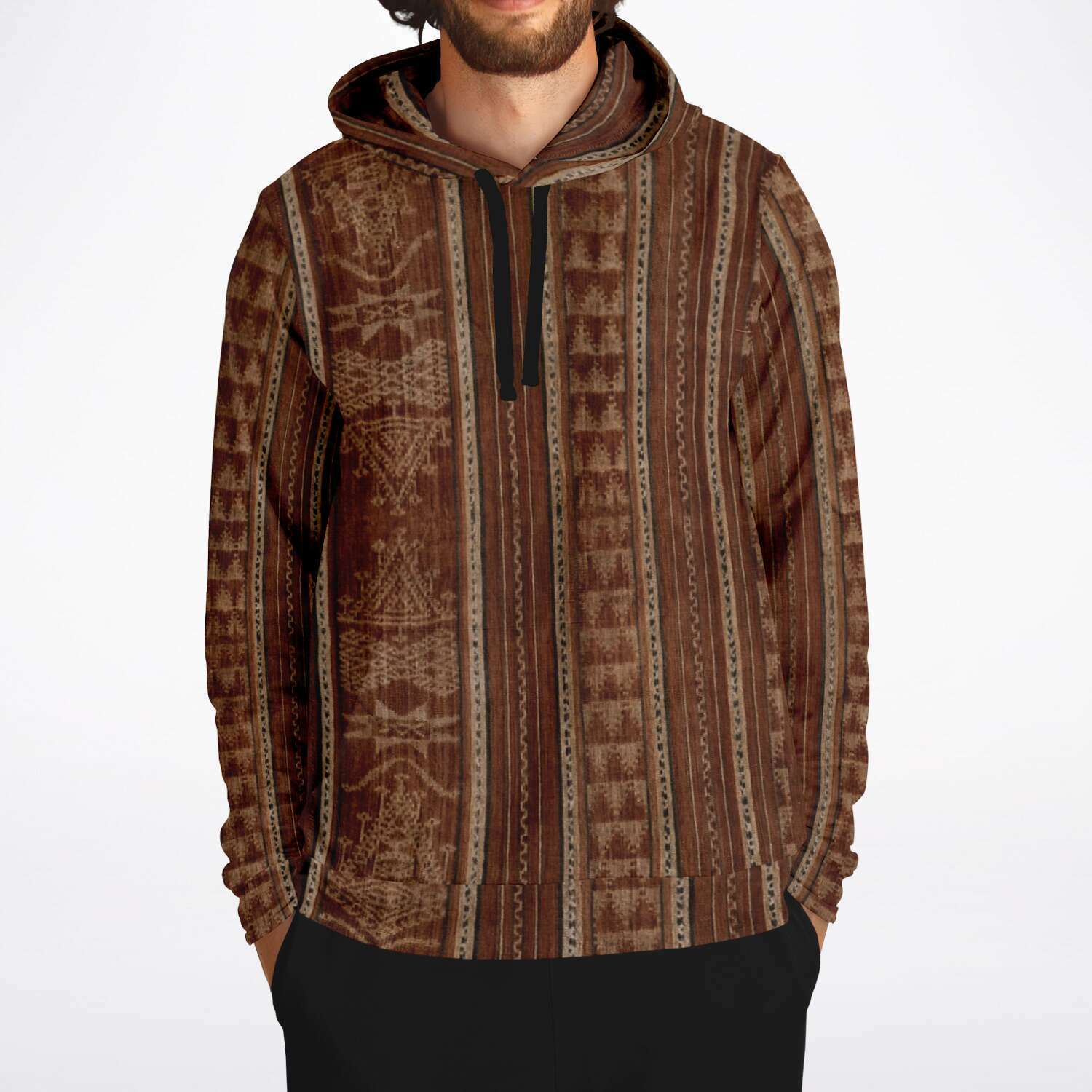 Fashion Hoodie - AOP Bali Ikat Bronze Hippy Hoodie | Boho Batik SE Asian Unisex Jacket | Indonesian Hooded Sweatshirt | Tribal Pullover Hoodie