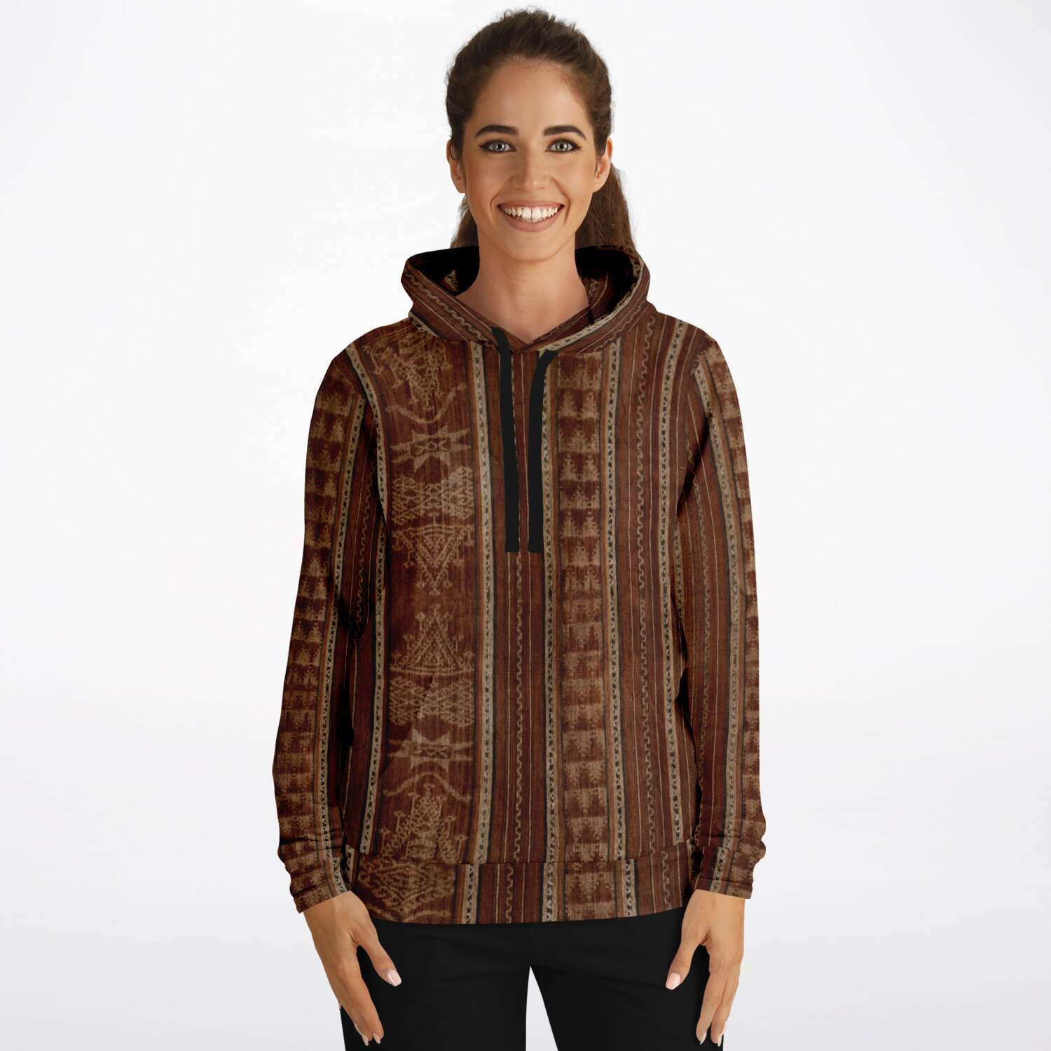 Fashion Hoodie - AOP Bali Ikat Bronze Hippy Hoodie | Boho Batik SE Asian Unisex Jacket | Indonesian Hooded Sweatshirt | Tribal Pullover Hoodie