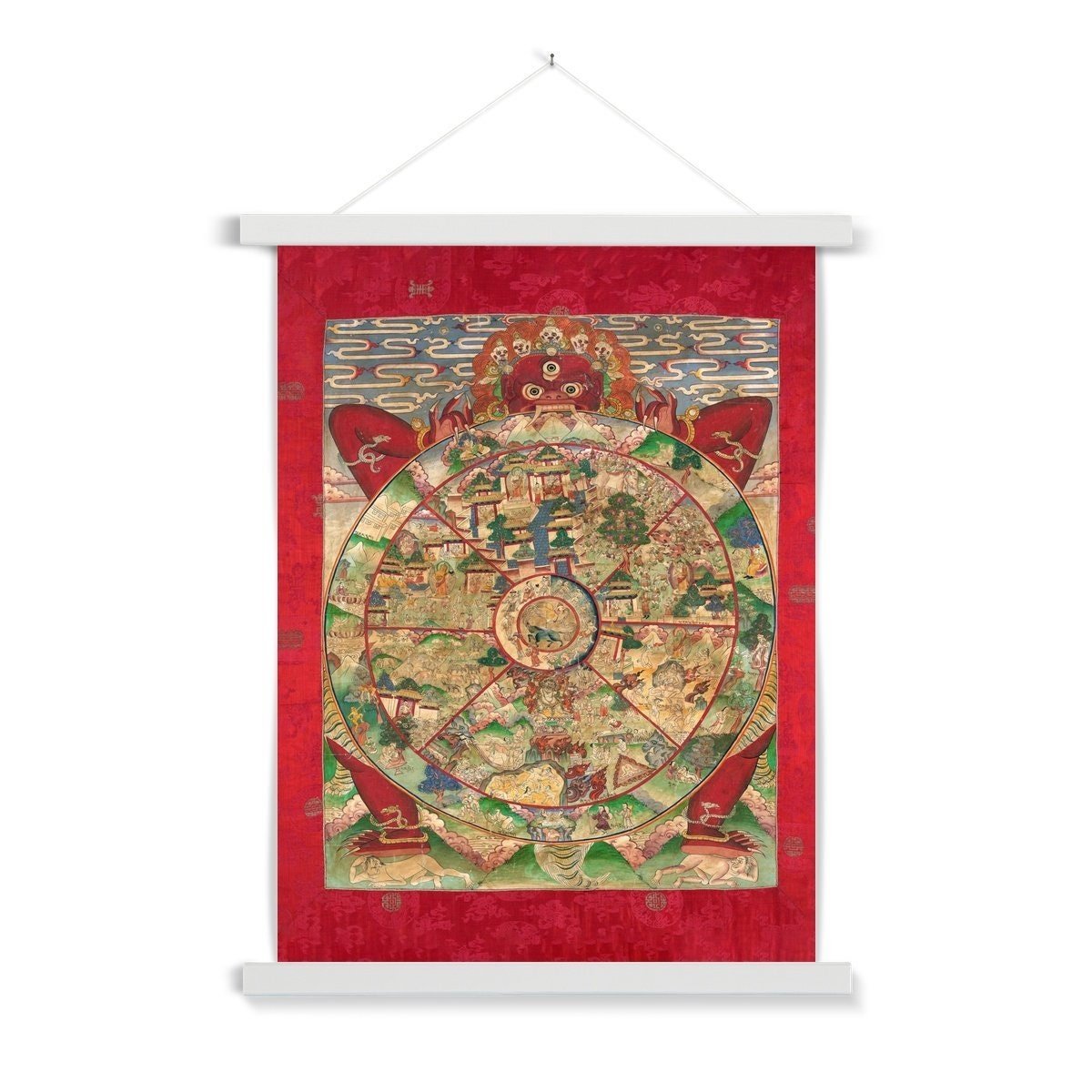 Hangar Thangka Bhavacakra Mandala (The Wheel of Life) Antique Tibetan Yantra Tantra Deity Buddhist Fine Art Print with Thangka-Style Hanger