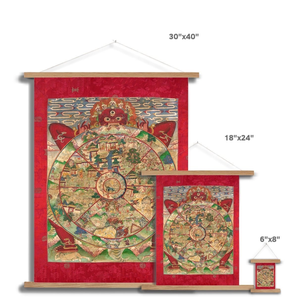 Hangar Thangka Bhavacakra Mandala (The Wheel of Life) Antique Tibetan Yantra Tantra Deity Buddhist Fine Art Print with Thangka-Style Hanger
