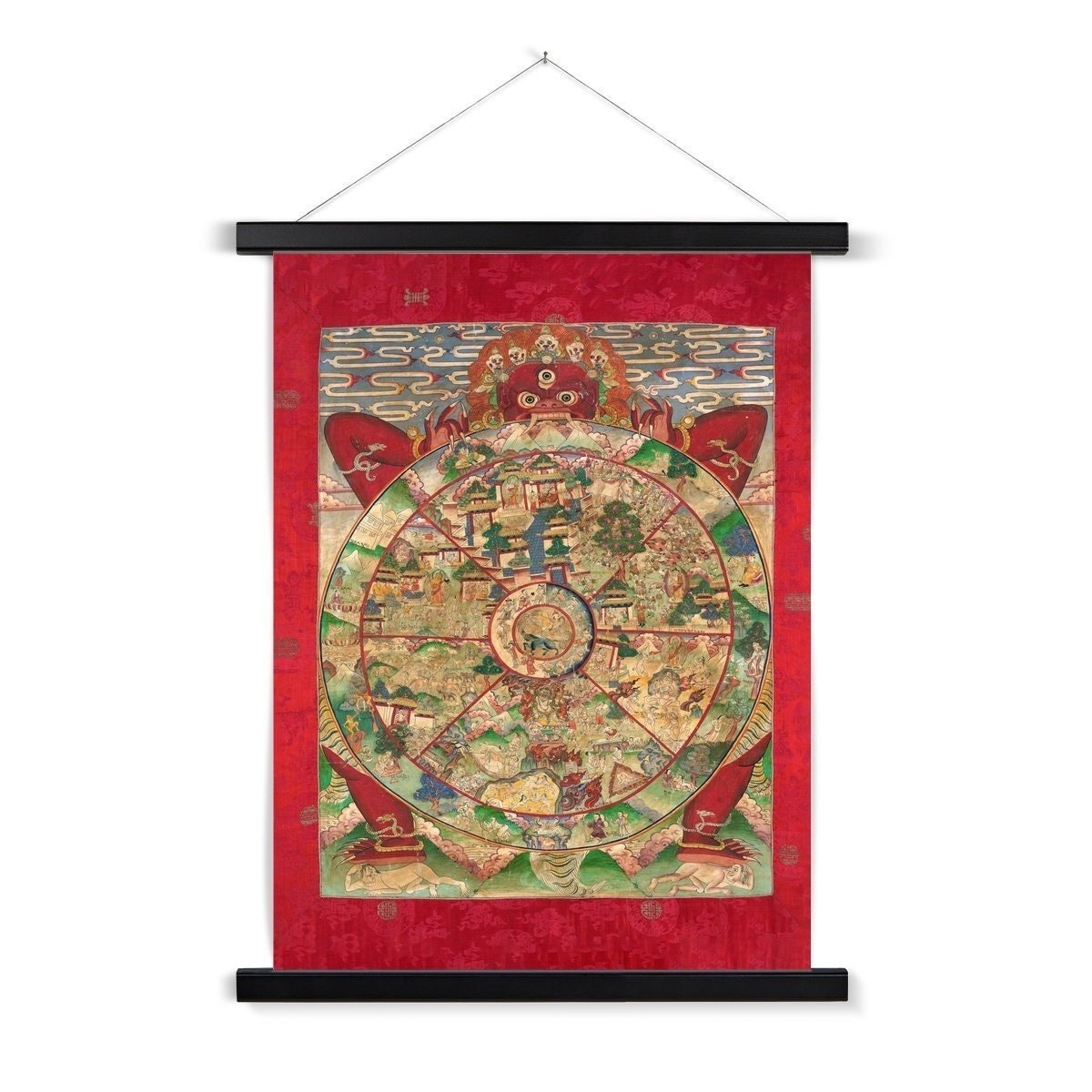Bhavacakra Mandala (The Wheel of Life) Antique Tibetan Yantra Tantra Deity Buddhist Fine Art Print with Thangka-Style Hanger