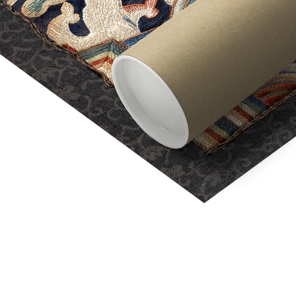 Blue Crane Qing Imperial Dynasty Rank Badge | Silk Embroidery Chinese Textile Art | Longevity and Wisdom Giclée Fine Art Print