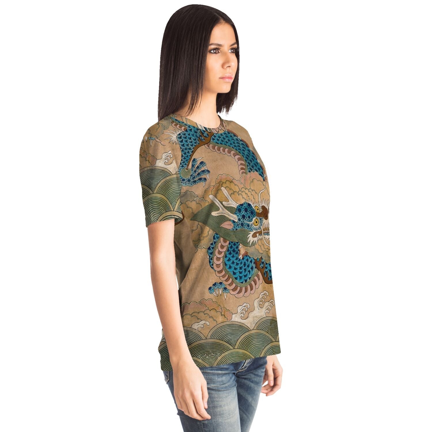 Blue Korean Dragon Auspicious Serpent Deity Asian Folklore Snake Mythology Vintage All-Over Print T-shirt