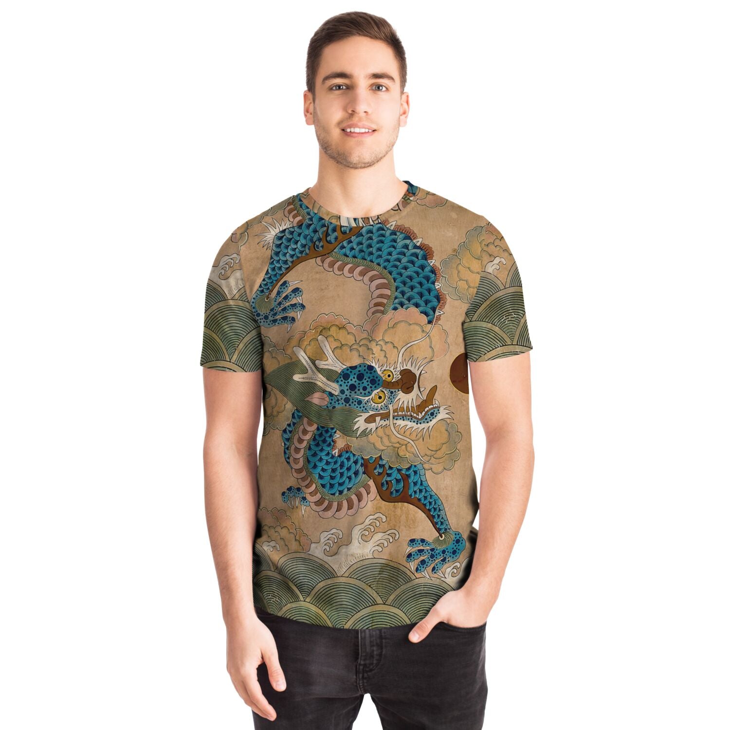 Blue Korean Dragon Auspicious Serpent Deity Asian Folklore Snake Mythology Vintage All-Over Print T-shirt