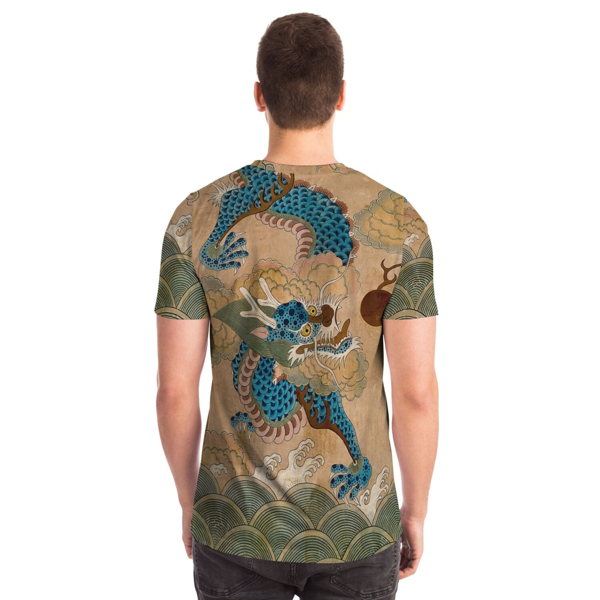 Blue Korean Dragon Auspicious Serpent Deity Asian Folklore Snake Mythology Vintage All-Over Print T-shirt