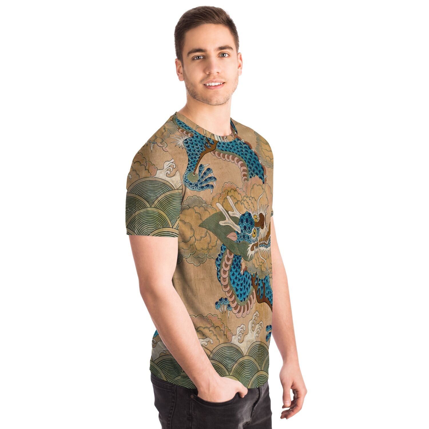 Blue Korean Dragon Auspicious Serpent Deity Asian Folklore Snake Mythology Vintage All-Over Print T-shirt