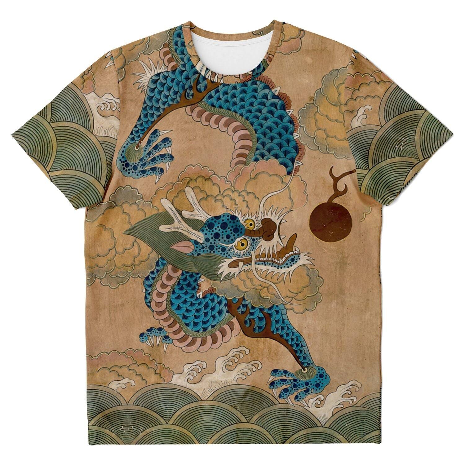 Blue Korean Dragon Auspicious Serpent Deity Asian Folklore Snake Mythology Vintage All-Over Print T-shirt