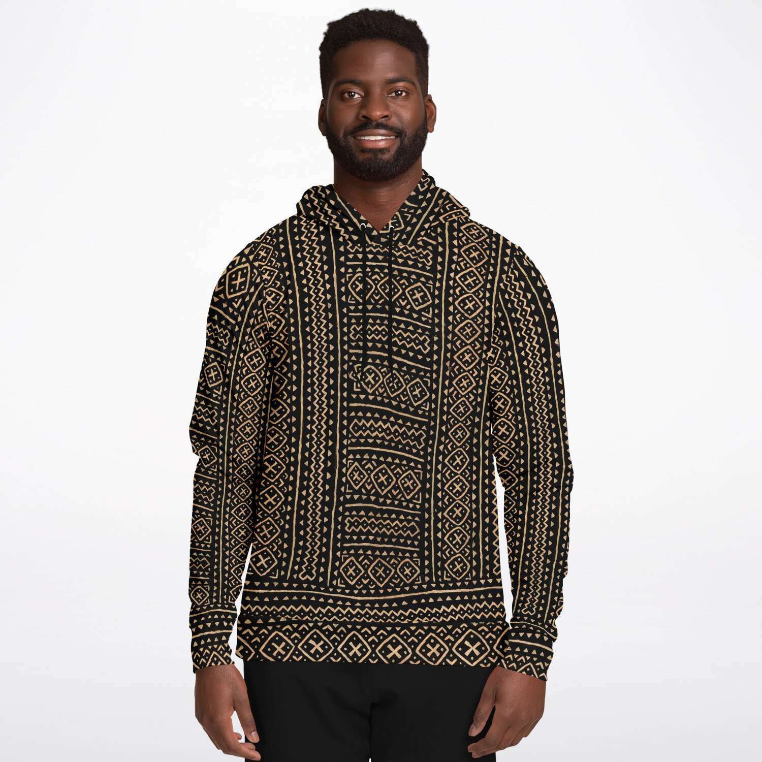 Fashion Hoodie - AOP Bogolan Mali Mudcloth Hoodie, Boho, Kuba Cloth, Kilim, Baluch, Ethnic Jacket African Hippie Textile Tribal Sweater Pullover Hoodie