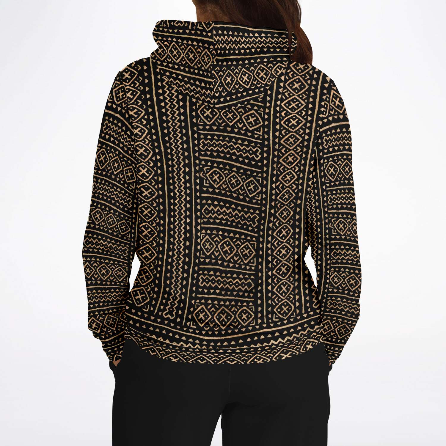 Fashion Hoodie - AOP Bogolan Mali Mudcloth Hoodie, Boho, Kuba Cloth, Kilim, Baluch, Ethnic Jacket African Hippie Textile Tribal Sweater Pullover Hoodie