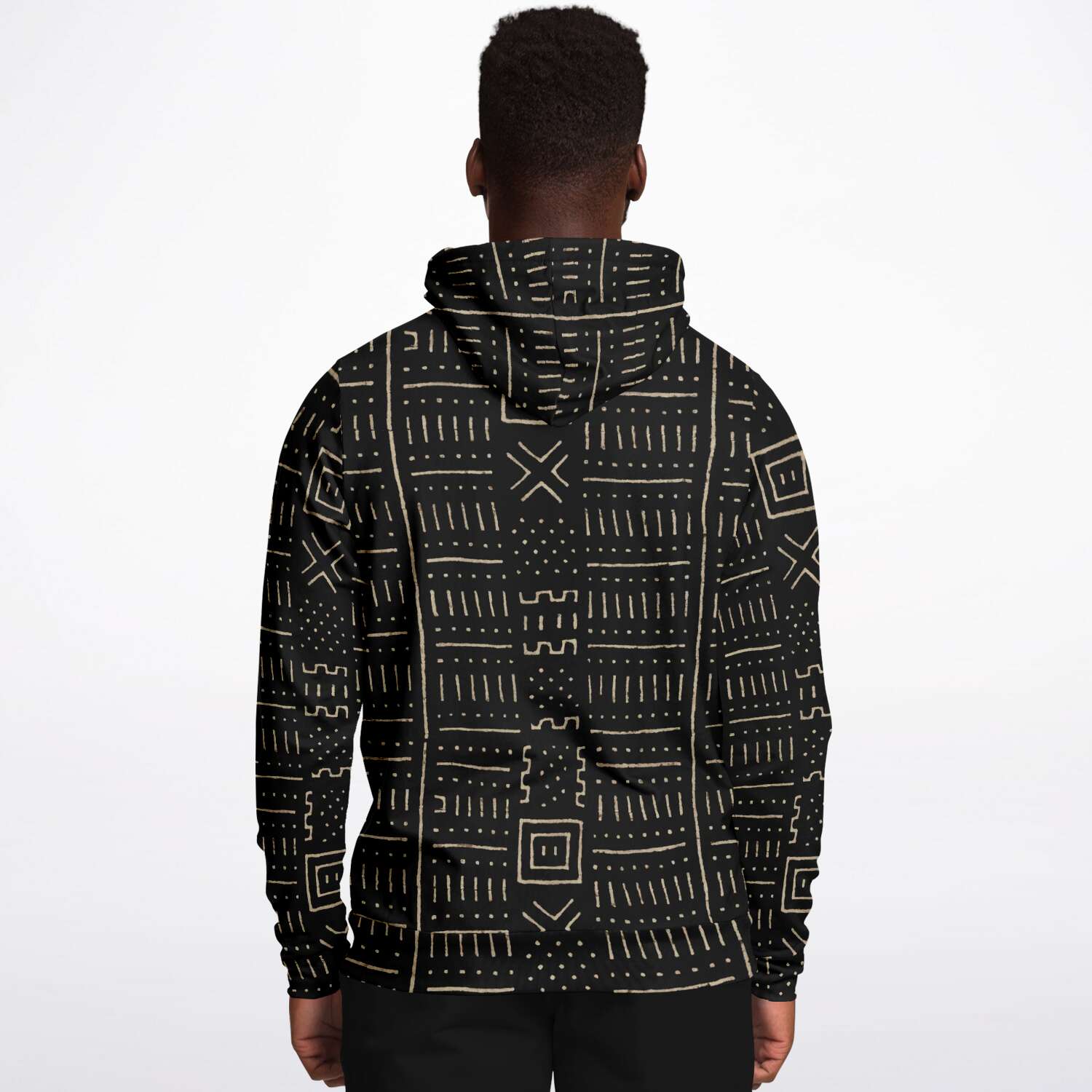 Fashion Hoodie - AOP Bogolan Tribal Hoodie, Black and Gold , Bamana Tribe Boho, Mali Mudcloth, Kuba, Kilim, Ethnic African Hippie Baule Pullover Hoodie