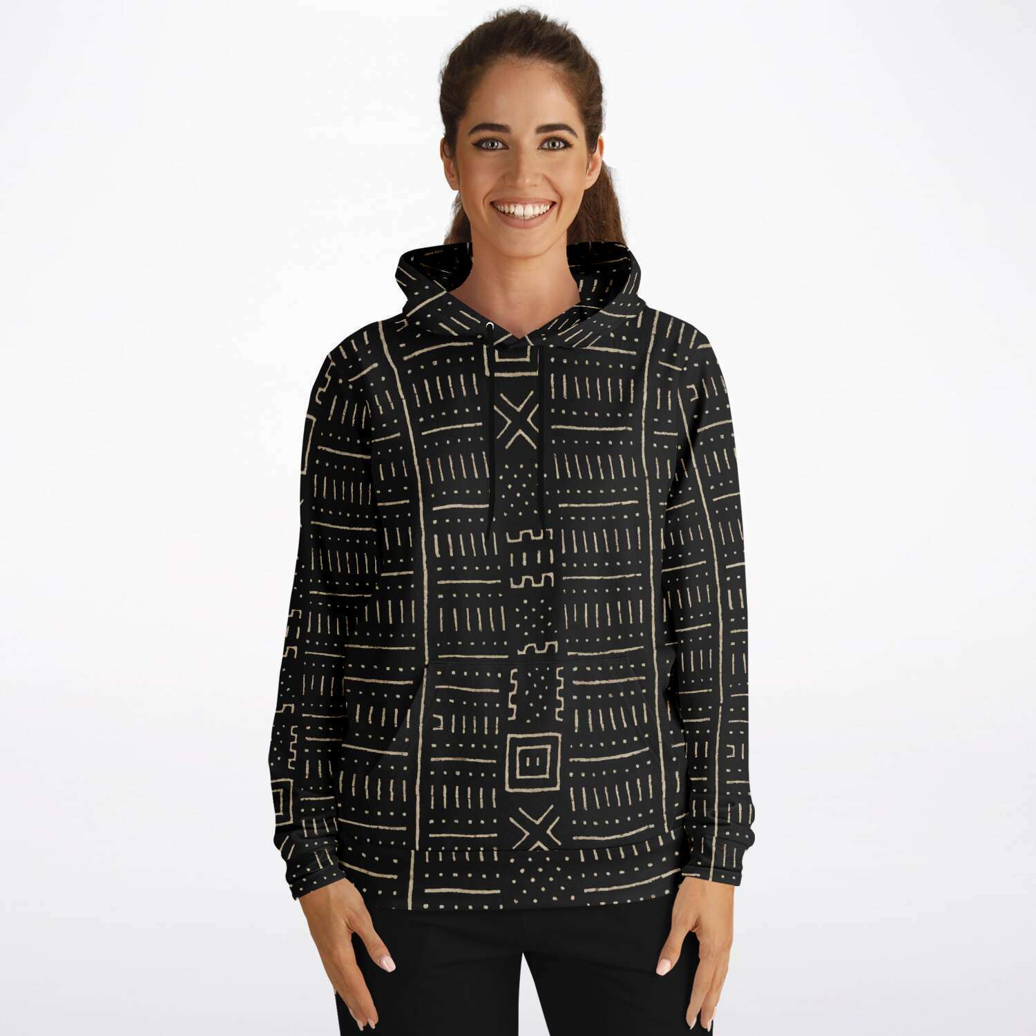 Bogolan Tribal Hoodie, Black and Gold , Bamana Tribe Boho, Mali Mudcloth, Kuba, Kilim, Ethnic African Hippie Baule Pullover Hoodie