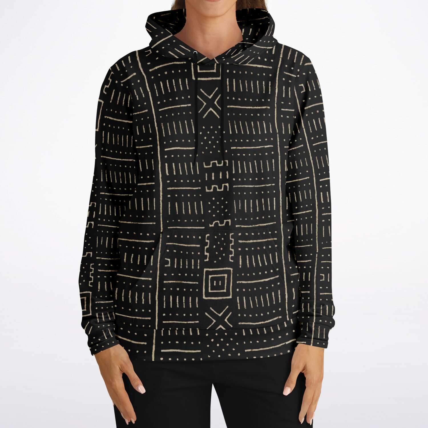 Fashion Hoodie - AOP Bogolan Tribal Hoodie, Black and Gold , Bamana Tribe Boho, Mali Mudcloth, Kuba, Kilim, Ethnic African Hippie Baule Pullover Hoodie