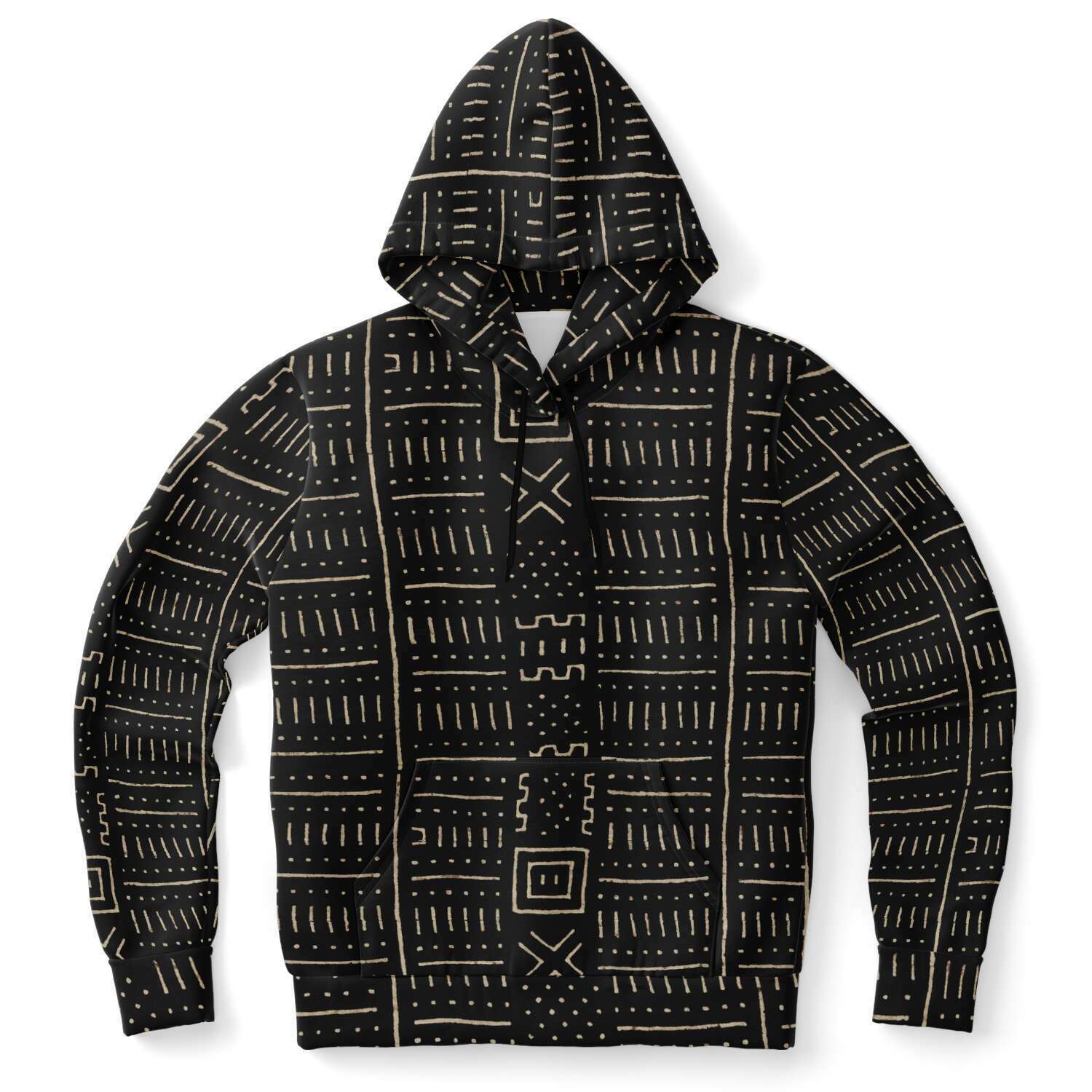 Fashion Hoodie - AOP XS Bogolan Tribal Hoodie, Black and Gold , Bamana Tribe Boho, Mali Mudcloth, Kuba, Kilim, Ethnic African Hippie Baule Pullover Hoodie