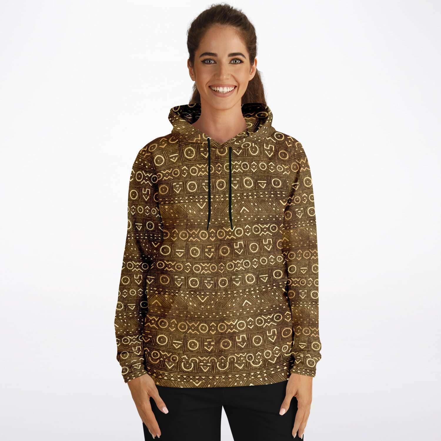 Fashion Hoodie - AOP Bogolan Tribal Hoodie, Boho, Kuba, Kilim, Baluch, Ethnic Sweatshirt Jacket Mali Mudcloth African Hippie Pullover Hoodie