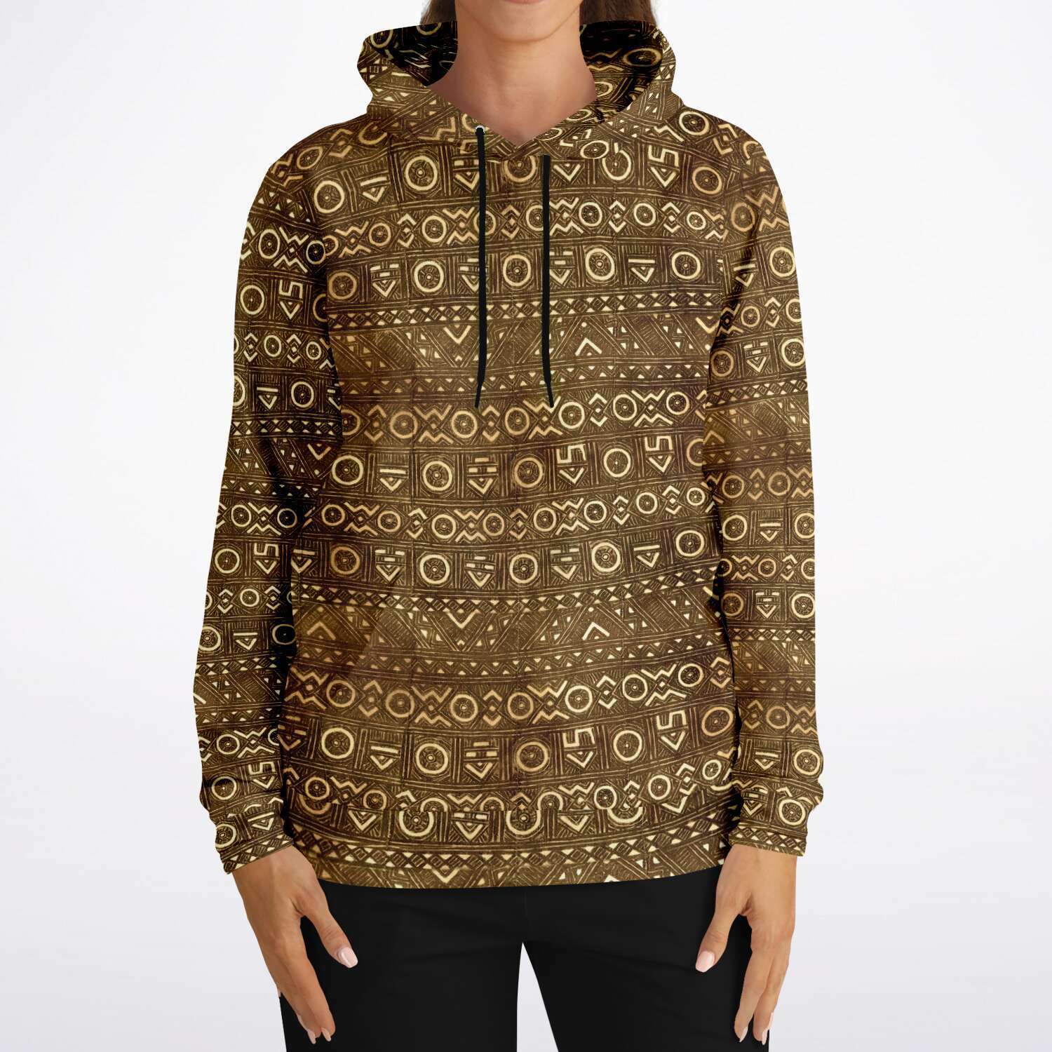 Fashion Hoodie - AOP Bogolan Tribal Hoodie, Boho, Kuba, Kilim, Baluch, Ethnic Sweatshirt Jacket Mali Mudcloth African Hippie Pullover Hoodie