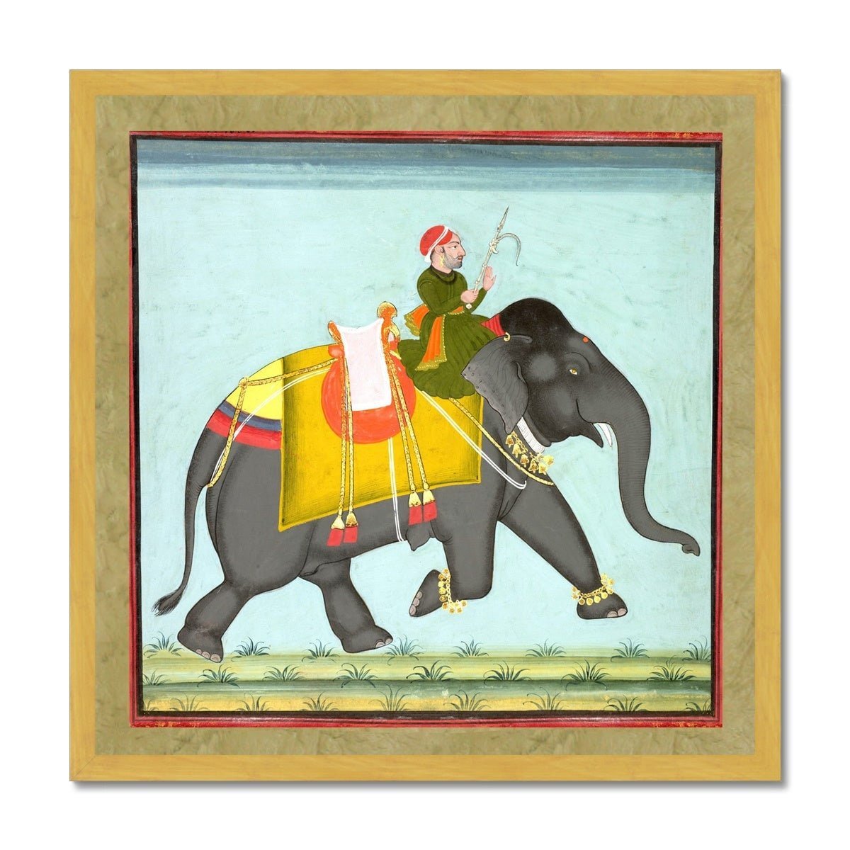 Gold Frame / 12"x12" Caparisoned Indian Elephant with Mahout | Mewar School of Rajasthan Wall Art | Vintage Antique Gold and Silver Framed Print