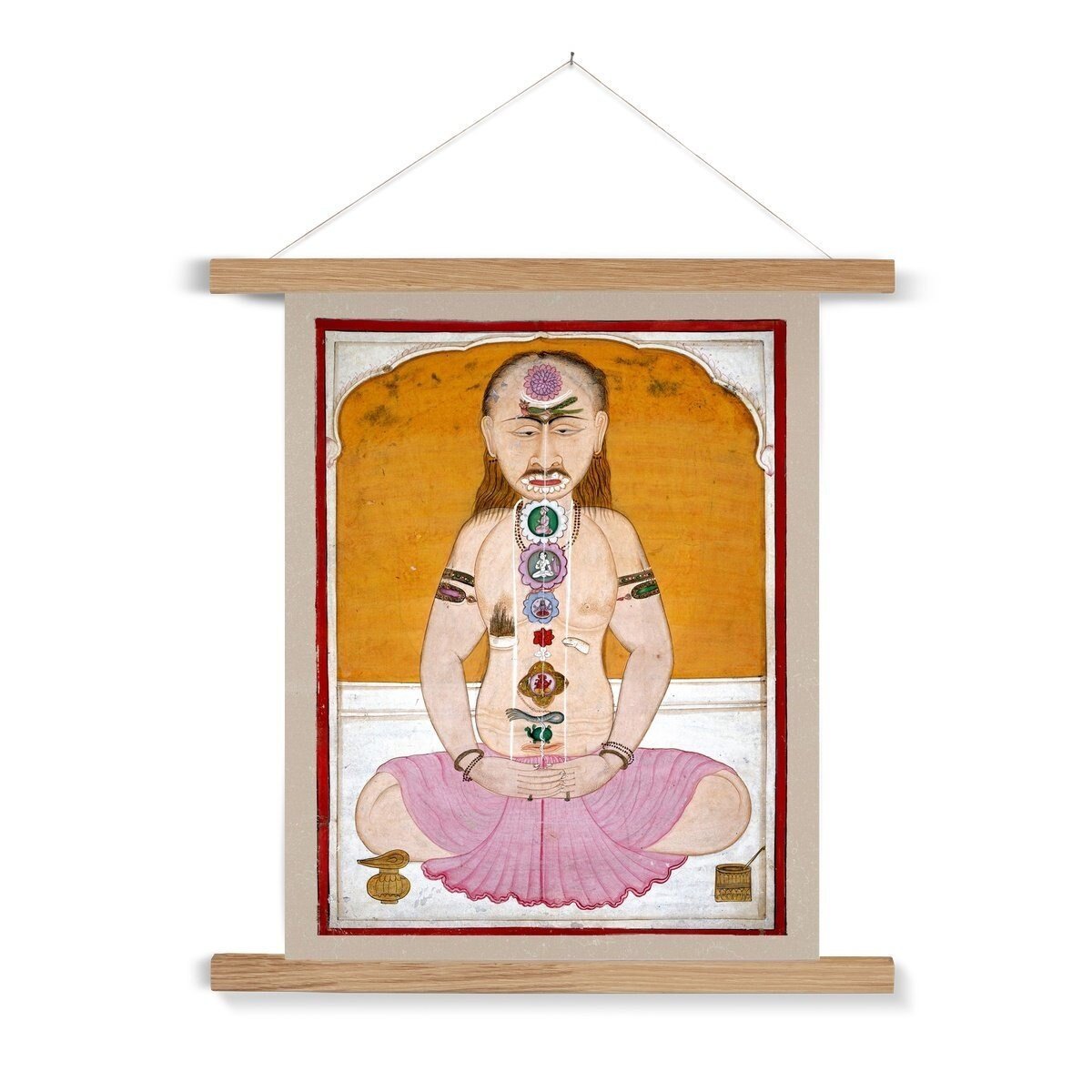 Chakras and Kundalini Vintage Raja Hatha Yoga Nadis Sidhi Sadhu Vedic Spiritual Energy Indian Gift Fine Thangka Style Art Print with Hanger