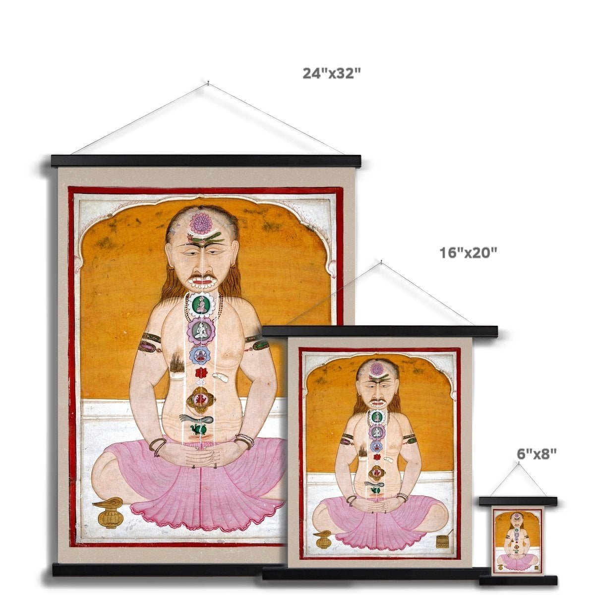Chakras and Kundalini Vintage Raja Hatha Yoga Nadis Sidhi Sadhu Vedic Spiritual Energy Indian Gift Fine Thangka Style Art Print with Hanger