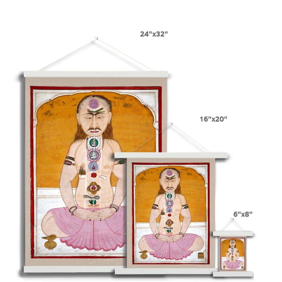 Chakras and Kundalini Vintage Raja Hatha Yoga Nadis Sidhi Sadhu Vedic Spiritual Energy Indian Gift Fine Thangka Style Art Print with Hanger
