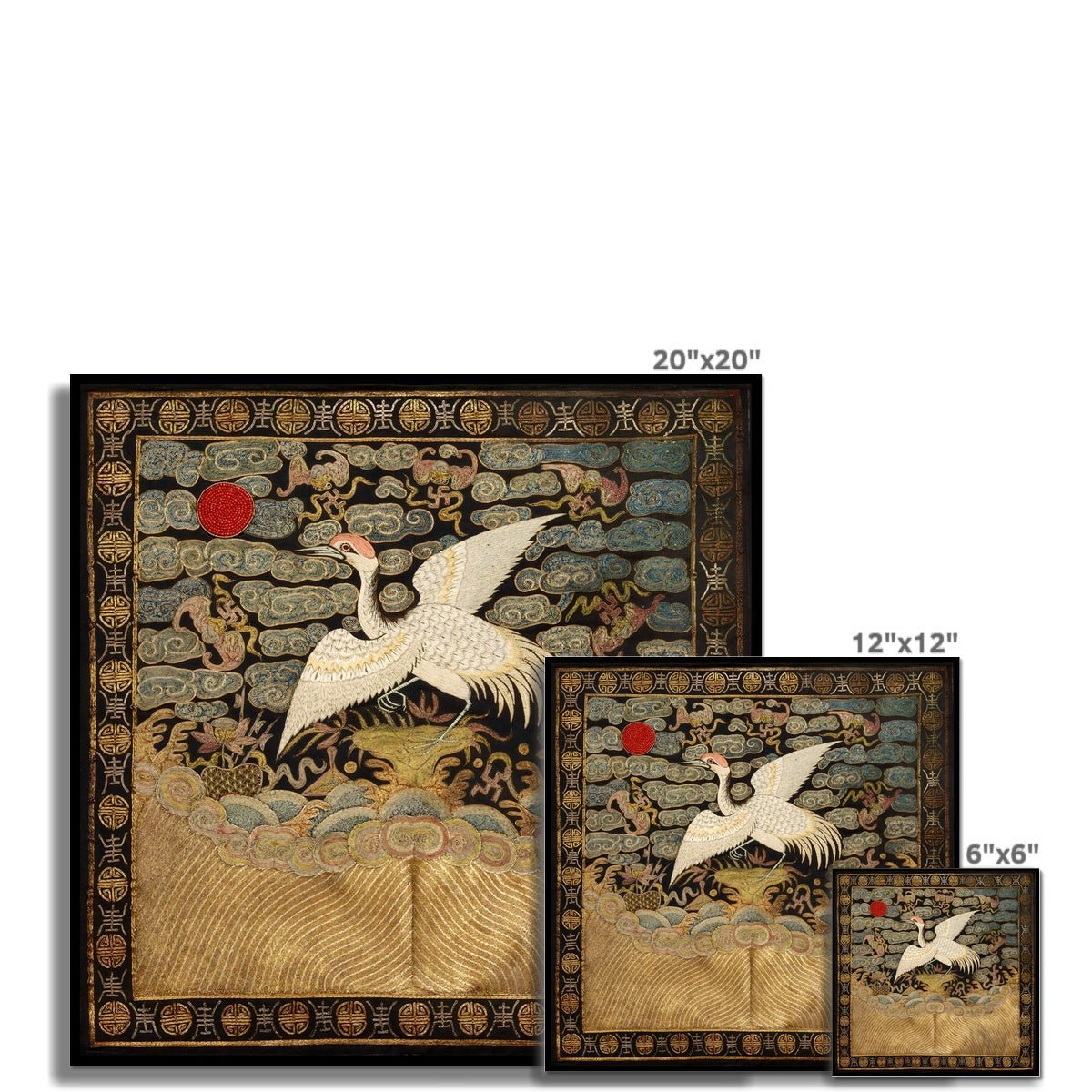 giclee 6"x6" Chinese Silk Embroidery Heron Bird Mandarin Square Qing Dynasty, Antique Wall Art Decor Vintage Fine Art Print