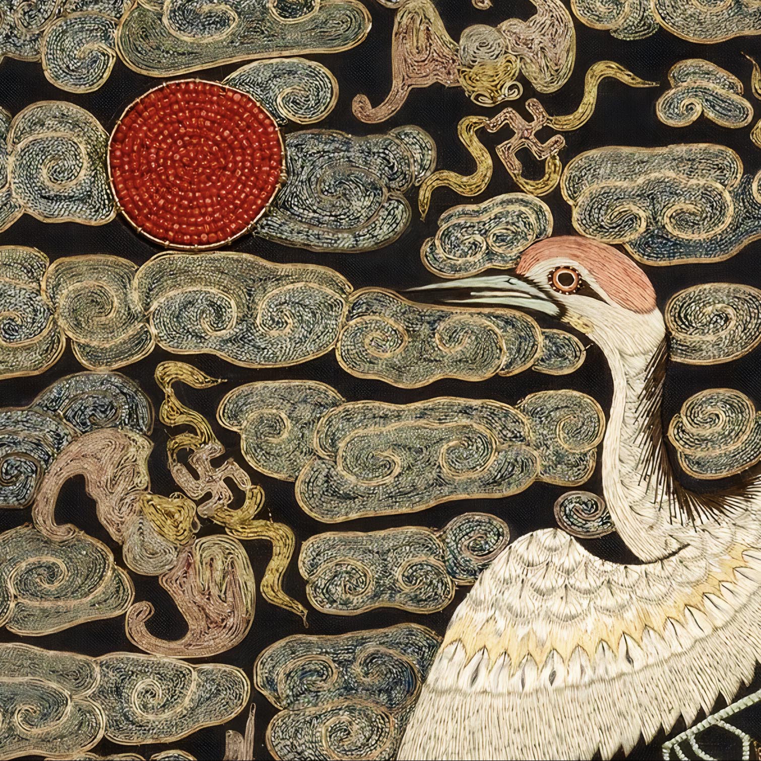 giclee Chinese Silk Embroidery Heron Bird Mandarin Square Qing Dynasty, Antique Wall Art Decor Vintage Fine Art Print
