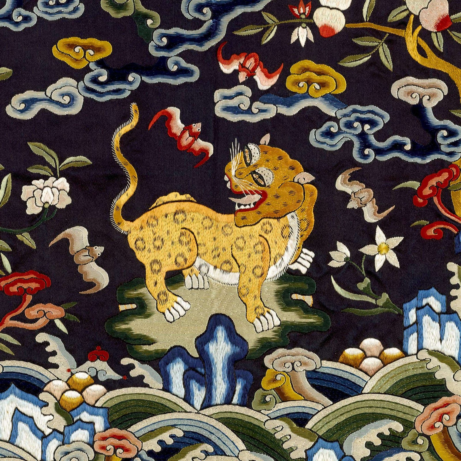 Chinese Silk Embroidery Leopard Panther Tiger Mandarin Square Qing Dynasty, Antique Wall Art Decor Ornate Vintage Fine Art Print