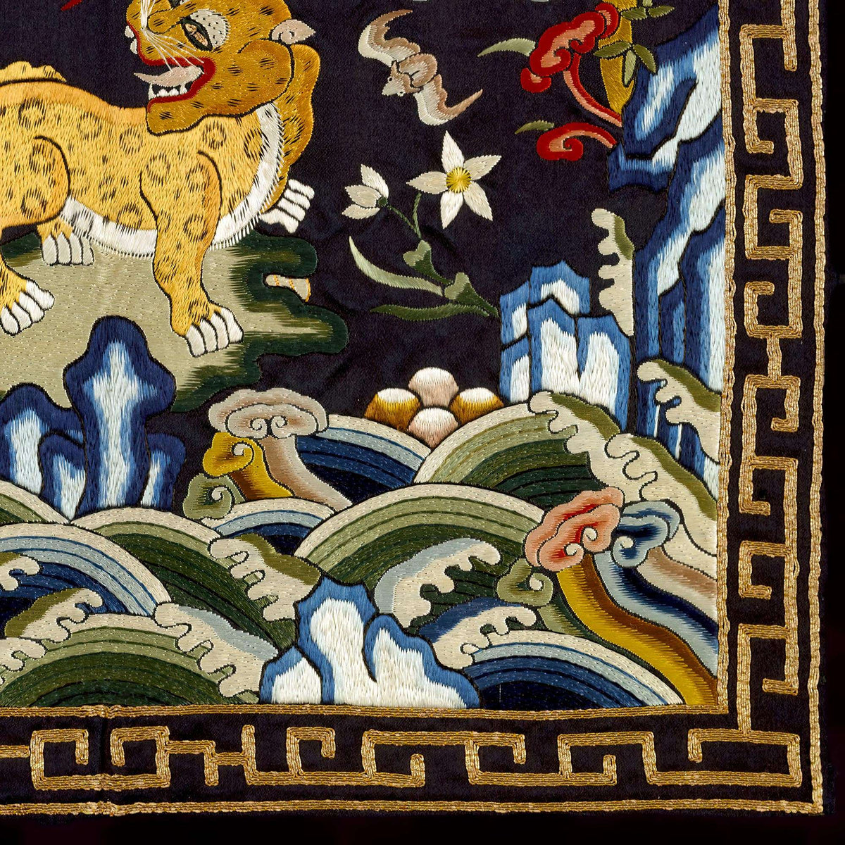 Chinese Silk Embroidery Leopard Panther Tiger Mandarin Square Qing Dynasty, Antique Wall Art Decor Ornate Vintage Fine Art Print
