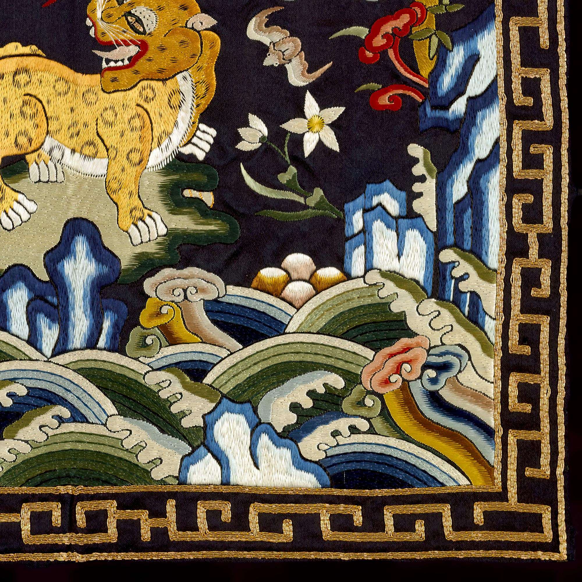Chinese Silk Embroidery Leopard Panther Tiger Mandarin Square Qing Dynasty, Antique Wall Art Decor Ornate Vintage Fine Art Print