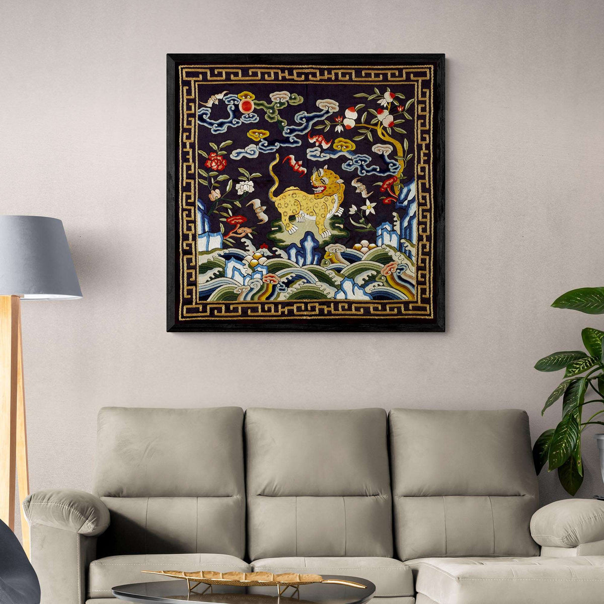 Chinese Silk Embroidery Leopard Panther Tiger Mandarin Square Qing Dynasty, Antique Wall Art Decor Ornate Vintage Fine Art Print