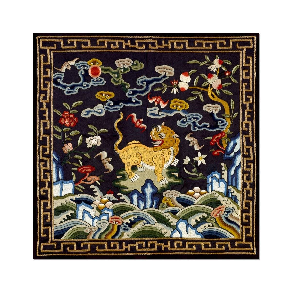 Chinese Silk Embroidery Leopard Panther Tiger Mandarin Square Qing Dynasty, Antique Wall Art Decor Ornate Vintage Fine Art Print