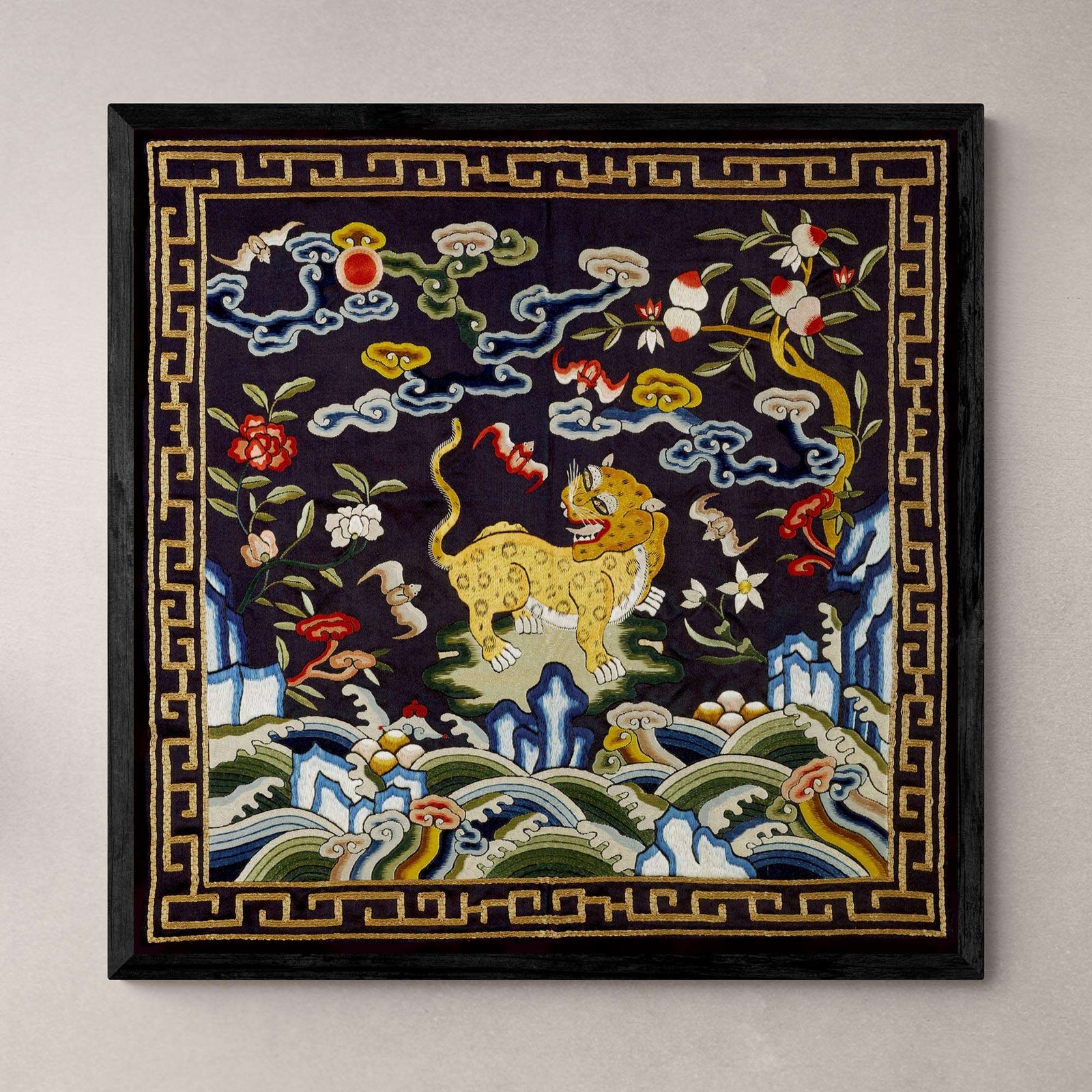 Chinese Silk Embroidery Leopard Panther Tiger Mandarin Square Qing Dynasty, Antique Wall Art Decor Ornate Vintage Fine Art Print