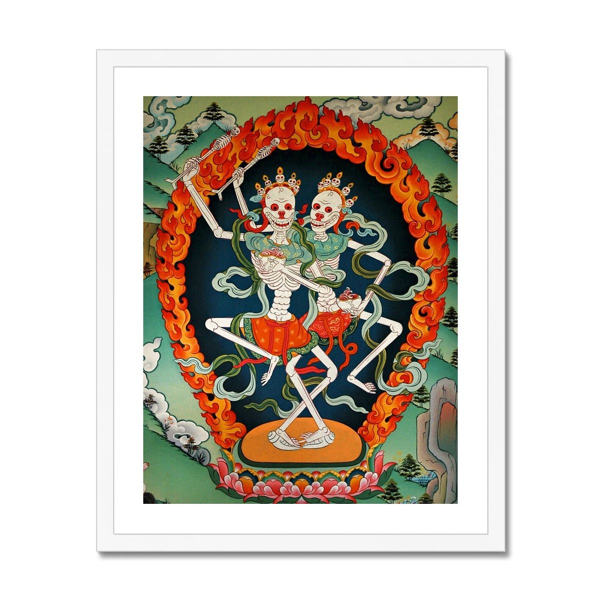 Citipati, Tibetan Protector, Thangka, Skeleton Lord and Lady of the Cemetery Nepal Buddhist Decor Wall Art Framed Art Print