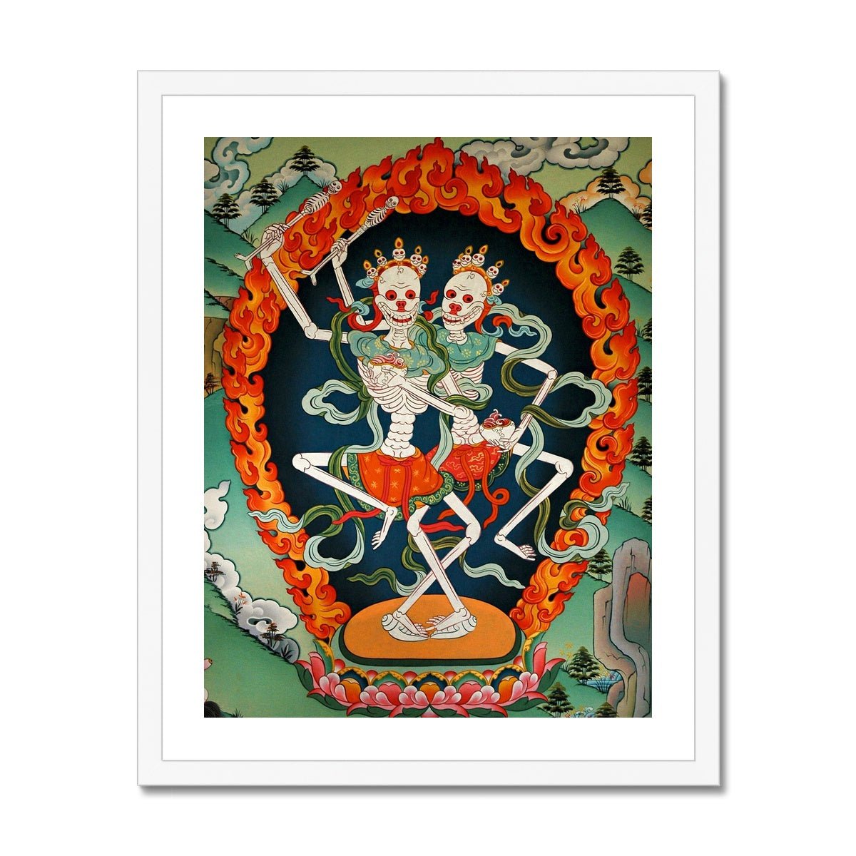 Framed Print 6"x8" / White Frame Citipati, Tibetan Protector, Thangka, Skeleton Lord and Lady of the Cemetery Nepal Buddhist Decor Wall Art Framed Art Print