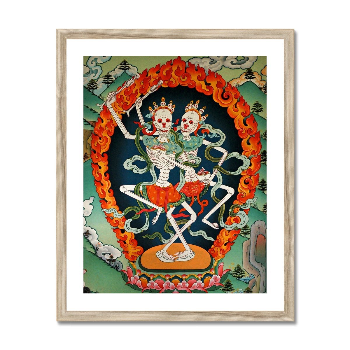 Framed Print 6"x8" / Natural Frame Citipati, Tibetan Protector, Thangka, Skeleton Lord and Lady of the Cemetery Nepal Buddhist Decor Wall Art Framed Art Print