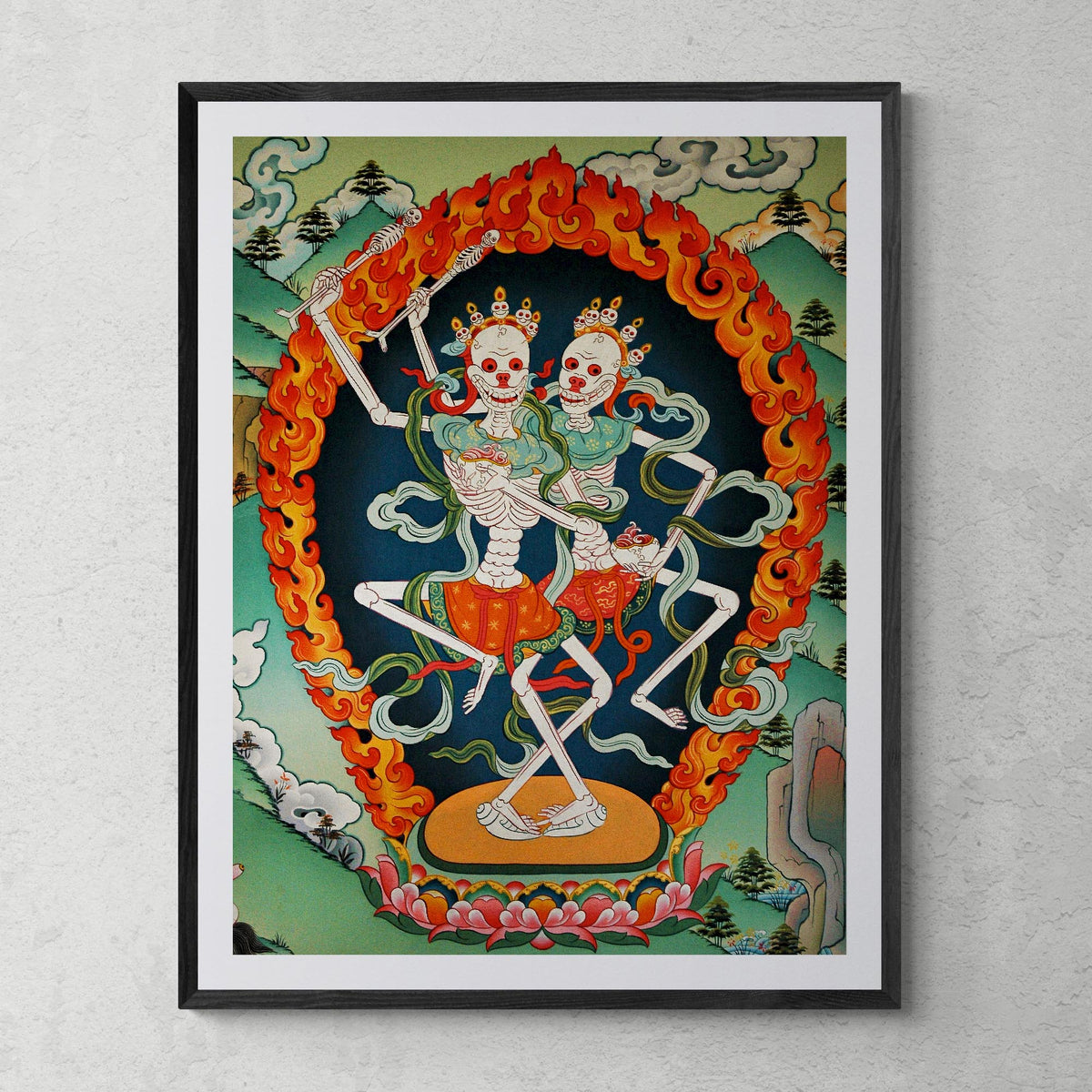 Framed Print 6&quot;x8&quot; / Black Frame Citipati, Tibetan Protector, Thangka, Skeleton Lord and Lady of the Cemetery Nepal Buddhist Decor Wall Art Framed Art Print