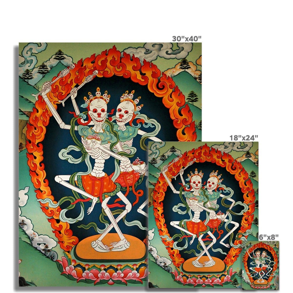 giclee A4 Portrait Citipati, Tibetan Skeleton | Tantric Protector Vajrayana Thangka | Lord and Lady of the Cemetery | Buddhist Decor Fine Art Print