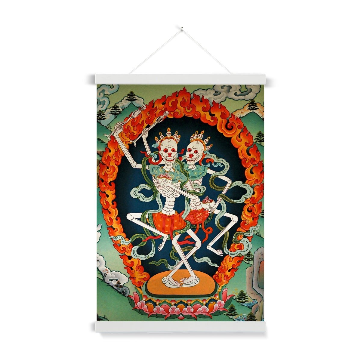 Fine art 6"x8" / White Frame Citipati, Tibetan Skeleton | Tantric Protector Vajrayana Thangka | Lord and Lady of the Cemetery | Buddhist Decor Fine Art Print with Hangar