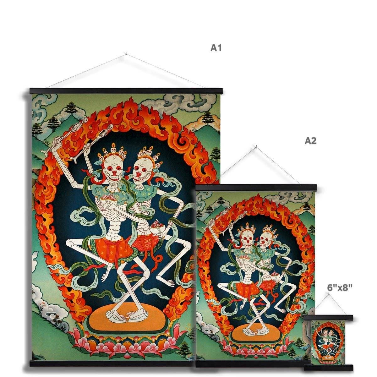 Citipati, Tibetan Skeleton | Tantric Protector Vajrayana Thangka | Lord and Lady of the Cemetery | Buddhist Decor Fine Art Print with Hangar