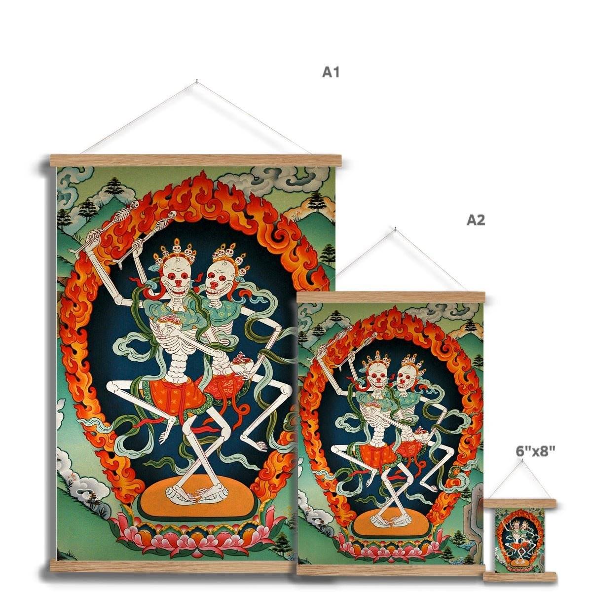 Citipati, Tibetan Skeleton | Tantric Protector Vajrayana Thangka | Lord and Lady of the Cemetery | Buddhist Decor Fine Art Print with Hangar