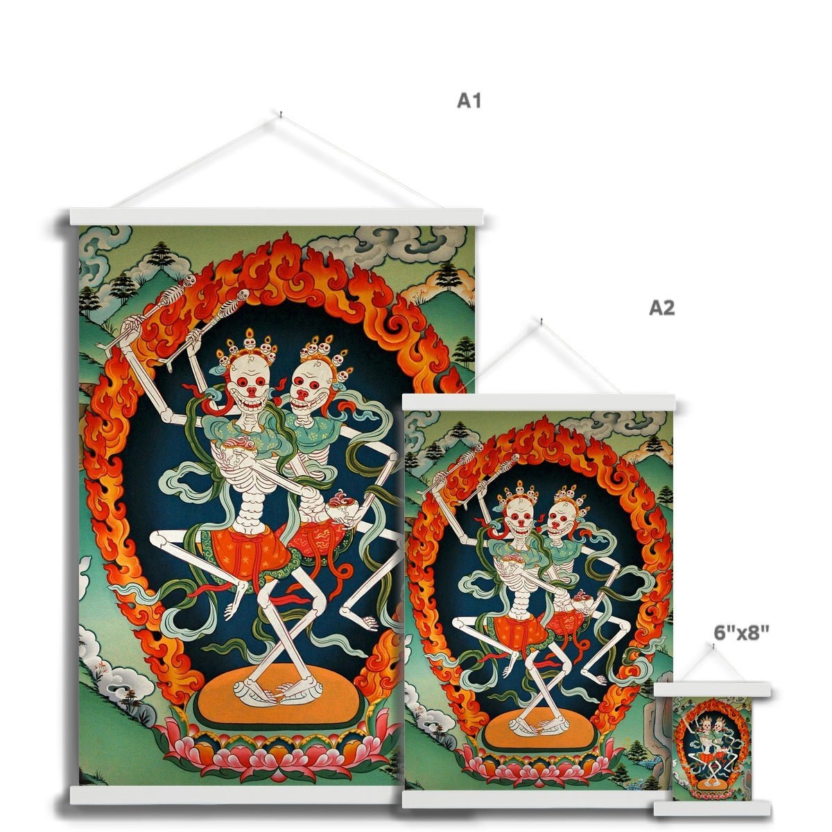 Fine art Citipati, Tibetan Skeleton | Tantric Protector Vajrayana Thangka | Lord and Lady of the Cemetery | Buddhist Decor Fine Art Print with Hangar