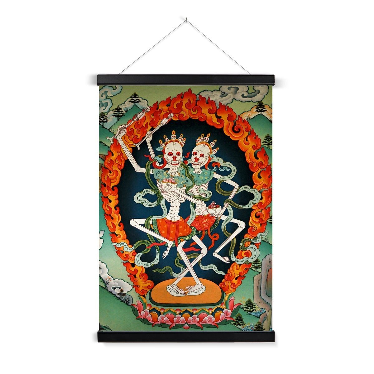 Fine art 6"x8" / Black Frame Citipati, Tibetan Skeleton | Tantric Protector Vajrayana Thangka | Lord and Lady of the Cemetery | Buddhist Decor Fine Art Print with Hangar